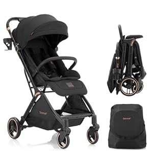 Gravity Folding Baby Stroller – Portable Travel Toddler Stroller w/Adjustable Backrest & Canopy, Lightweight and UV Protected, One-Hand Automatic Folding – Black