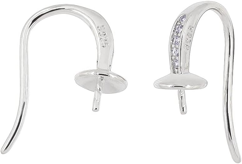 Sterling Silver CZ French Ear Wire Earring Connector with Pearl Cup for DIY Earring Jewelry, Rhodium Plated