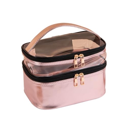 Accessoires de toilette portables rangés dans ce sac transparent rose étanche