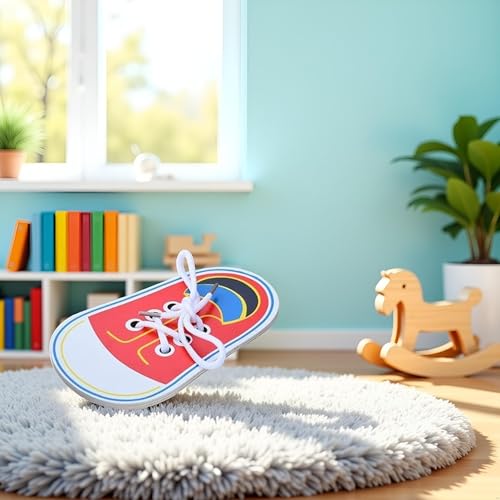 Image of Red Wooden Shoe Tying Practice, Learn to Tie Your Own Shoes Threading Lacing Shoes Training Early Learning Kits, Threading Lacing Shoes Training Board Early Learning,Decorative Accessories