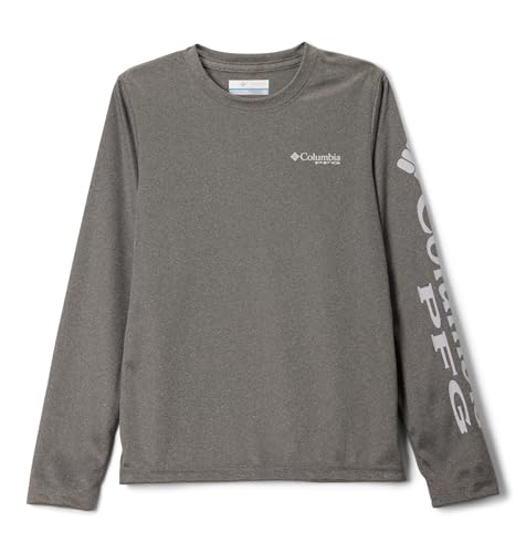 Columbia Youth Boys PFG Terminal Tackle Long Sleeve Sun Protection Shirt, Charcoal Heather/Cool Grey Logo, Medium