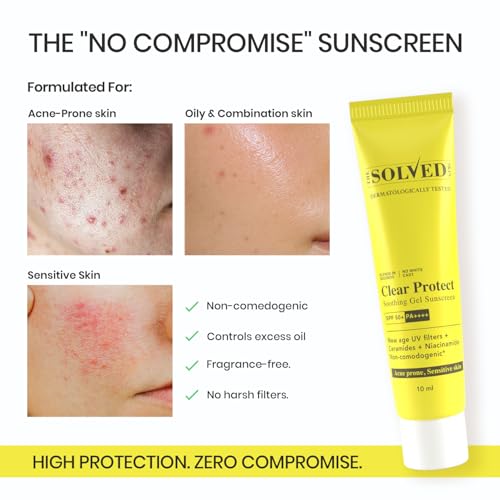 Image of The Solved Skin Clear Protect Sunscreen SPF 50+ PA++++ | Oil-Free Fluid Gel Sunblock | Lightweight Quick Absorbing | Zero White Cast | New Gen UV Filters | For Acne Prone & Sensitive Skin (10ml)