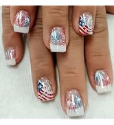 24Pcs 4th of July Nails French Tip Press on Nails Short Square Fake Nails with Fireworks Designs ...