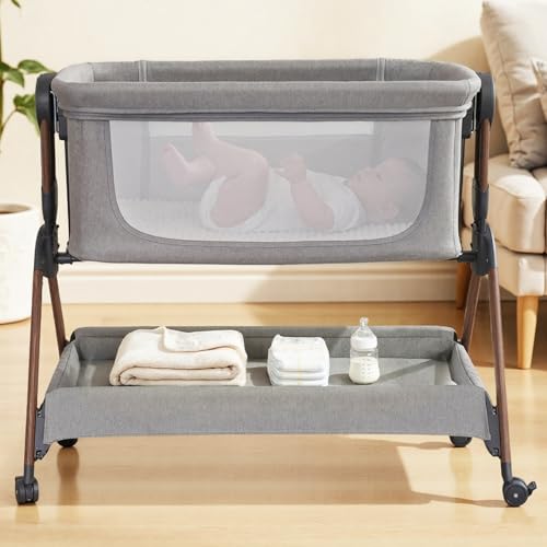 Winchild Bassinet - Baby Bassinet,3-in-1 Baby Bassinet Bedside Sleeper, Rocking Bassinet with Wheels,Comfy Mattress,Breathable Mesh,Storage,6 Height Adjustable Crib, for Day and Night(Mesh Grey)