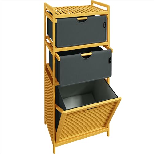 ADEL DREAM Panier à linge en bambou - 3 compartiments - Pour linge sale - Rangement pour objets - Gris