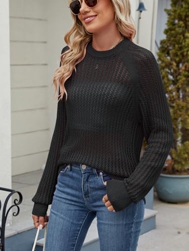 Famulily Comfy Crochet Sweaters for Women Light Weight Long Sleeve Crew Neck Hollow Out Pullover Cover Ups4