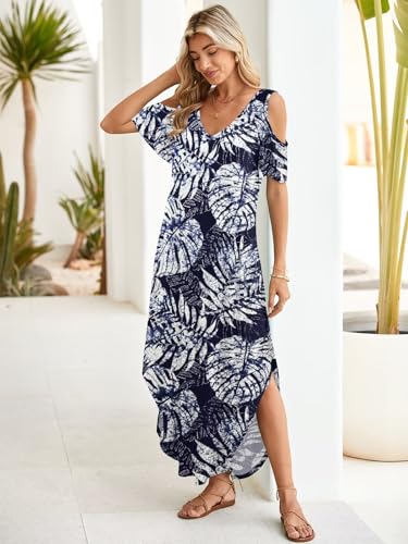 Image of BELAROI Womens Cold Shoulder Maxi Dress Plus Size V Neck Summer Sundresses with Pockets Beach Coverup Vacation Outfits
