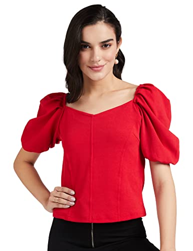 Lymio Women's Crop Red Color V Neck Half Sleeve Polyester Solid Top