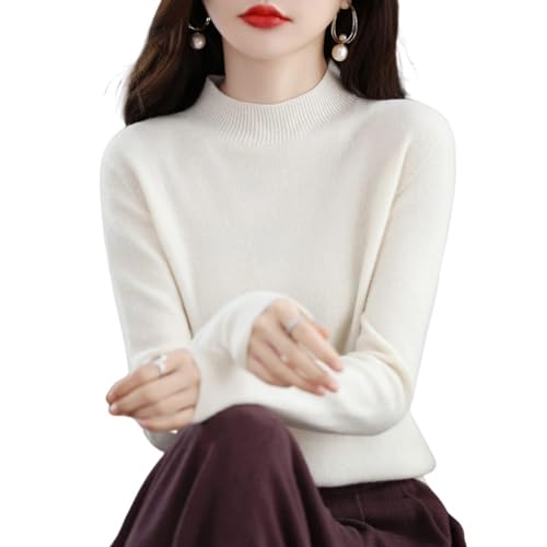 Camisolas de caxemira para mulher, camisola macia e acolhedora, 100% caxemira de manga comprida decote redondo outono inverno camisolas Jersey sólido Jerséis Tops, Branco