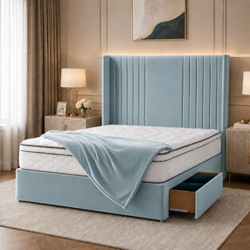 Image of Living Comfort Bedz Soham Wingback Divan Bed with 54” Headboard | Orthopedic Mattress Included | Plush Velvet | Storage Options(Sky,4FT6 Double 2 Drawers Foot End)