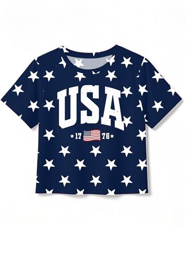 Image of VVNTY Girls American Flag Crop Tops Kids USA Crop Shirt Patriotic 4th of July Tops 5-14 Years