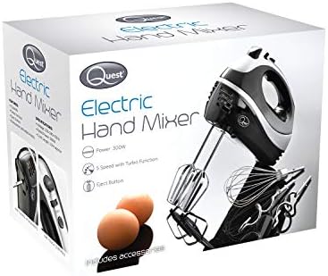 Quest 35810 Electric Hand Mixer / Complete With Chrome Beaters, Dough Hooks & Balloon Whisk / 5 Speed With Turbo Function / 300W / Black Colour