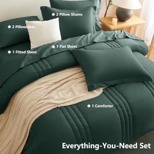 Image of CozyLux King Size Comforter Set Forest Green - 7 Pieces Bed in a Bag, Modern Vertical Quilted Room Decor, Soft All-Season Bedding Gift with Comforter, Sheets, Pillowcases & Shams