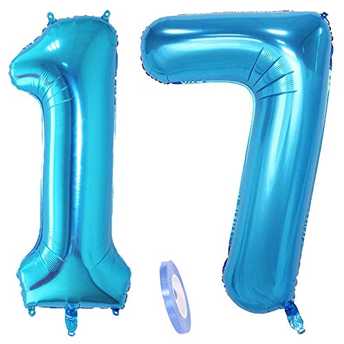 2 Luftballons Zahl 17, Nummer Luftballon Blau Mädchen Junge Jungs,40 Riesen Aufblasbar Helium Folienballon Blue Ballons Figuren für Geburtstag 17.Jahre Kinder Jungen Party Dekoration (xxxl 100cm)