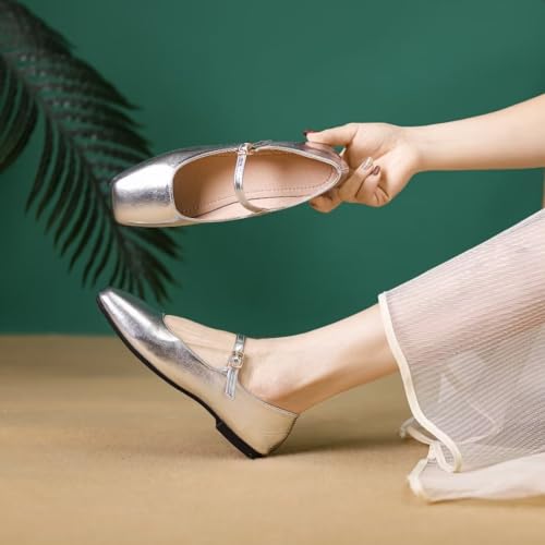 Stunner Women'S Mary Jane Flats Fashion Square Toe Soft Ballet Flats Comfort Leather Office Driving Flats Silver 39 thumb #5