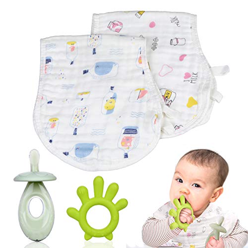 Newborn Toys Baby Burp Bib Set 2-Pack and Teething Toys 2-Pack Made with 100% Cotton Muslin