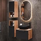 Planetmöbel Astra Badkamermeubel, set met wastafel, 60 cm, met 2 x midi-kast, goud, eiken, antraciet, opzetwastafel 42 cm, zwart