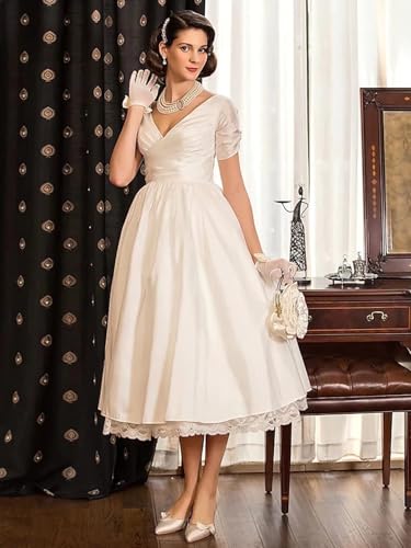 Mouccy Simple Lace Satin Wedding Dresses for Bride 2025 Short Sleeve A-Line Bridal Gowns V-Neck Wedding Gown with Pleats4