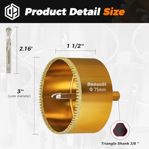 Image of 3 inch Serrated Diamond Hole Saw with 2Pcs Removable Pilot Bits, Easy-Align for Precise Drilling in Porcelain, Ceramic Tile, Granite, Marble and Other Stones