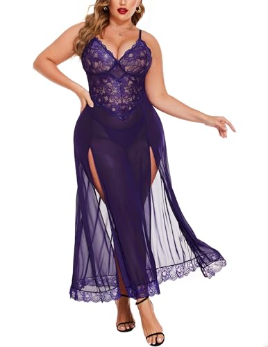 Image of Avidlove Plus Size Lingerie for Curvy Women Long Lace Babydoll Nightdress | V neck sheer mesh nightgown,g-string included,high side slits,adjustable straps,curve-flattering fit,maternity photoshoot