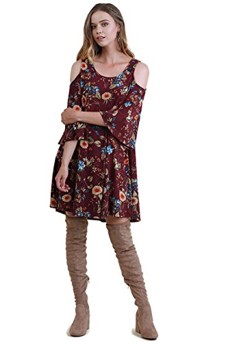 Umgee Women's Floral Cold Shoulder Bell Sleeve Dress (Small, Maroon)
