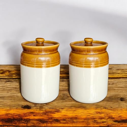 Image of Ceramic Achaar Jar Set - 2 Kg (2000 ml) x 2 - Martban Pickle Container - Kitchen Storage for Pickle, Chutneys and Sauces - Durable, and Easy to Clean (Pack of 2) (2 Kg Brown Jar Set)