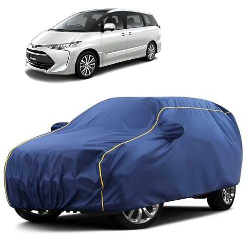 Image of Sulfar 100% Water Resistant Car Body Cover Compatible with Mirror for Toyota Previa (Triple Stitched, Full Bottom Elastic, Blue Taffeta with Yellow Piping)