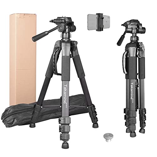 Takamine 63" Lightweight Adjustable Laser Level Aluminum Tripod with Portable Handle, Bubble Level, Quick Release Plate with 1/4" Screw Mount & 5/8" UNF Adapter Nut, 3-Way Swivel Pan Head