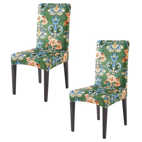 Image of HOKIPO Premium Printed Velvet Chair Cover Set of 2 for Dining Table, Green Victorian Garden (AR-5794-D4*2)