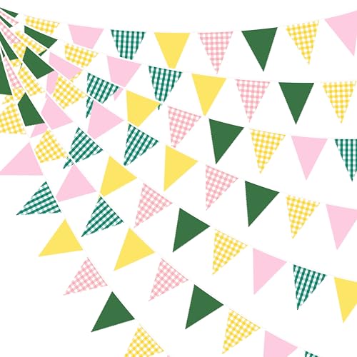 32Ft Camp Bride Party Decorations Pink Green Yellow Gingham Fabric Triangle Banner Flag Plaid Pennant Garland Streamers for Camping Bachelorette Glamping Bridal Shower Picnic Birthday Decor Supplies