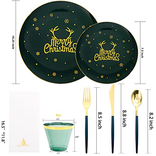 Nervure 175Pcs Christmas Plastic Plates & Gold Plastic Silverware With Green Handle Include 25Dinner Plates 25Dessert Plates 25Knives 25Forks 25Spoons 25Napkins For Christmas #TOP5