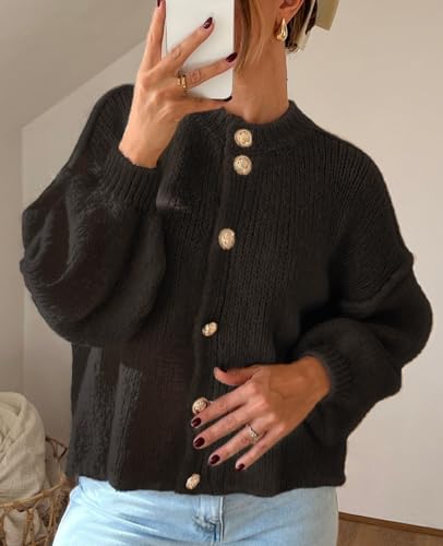 Womens Cropped Cardigan Chunky Knit Button Up Sweater 2025 Fall Lantern Sleeve Jacket Coats4