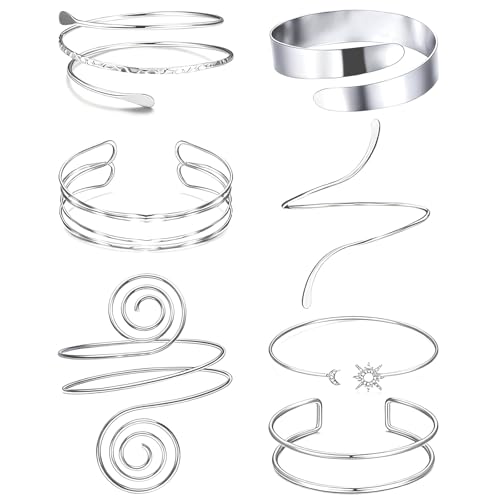 Image of iuiiaii 7 Pcs Arm Cuff Silver Set, Silver Arm Cuffs Bracelet Adjustable Open Jewellery Simple Stylish Bracelet or Women Party Holidays, Birthday Gifts and Daily Fashion