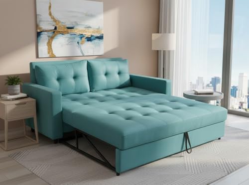 Image of FURNY Trisso 2 Seater Fabric Pull-Out Sofa Cum Bed (Sky Blue) - Premium Velvet Finish - Durable Comfort - Ideal for Living Room
