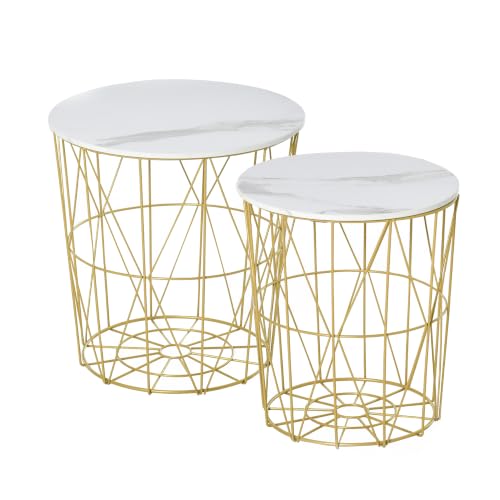 Image of HOMCOM Set of 2 Nesting Side Tables with Storage Round Coffee Tables White