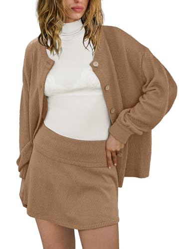 Image of Panadila Womens Sweater Skirt Set 2 Piece Outfits Sweater Skort Set Lounge Cardigan and Knit Skirt Matching Outfits