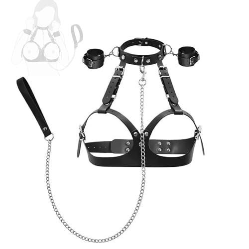 Juego de juguetes con anillo y cadena de remolque de cuero PU de doble capa negro