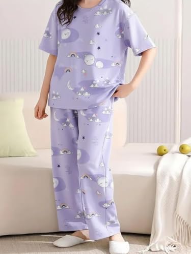 Image of Women's Korean Style Night Suit Set | Cotton Half Sleeve Top & Pyjama Set | Round Neck Printed Nightsuit | Comfortable Nightwear & Loungewear for Women | Sleepwear Pjs Lounge Set |Co-ords Outfit