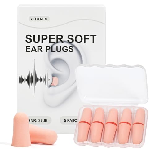 Soft Ear Plugs for Sleep, Foam Earplugs for Sleeping Noise Cancelling, 37dB Noise Reduction Ear Plugs for Snoring Blocking, Travel, Flying, Study, Work-5 Pairs, Reusable