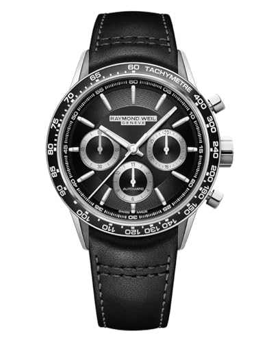 RAYMOND WEIL Freelancer Men's Automatic Watch, Chronograph, Black Ceramic Bezel, Black Dial, Stainless Steel Case, Genuine Black Leather Strap, 43.5mm (Model: 7741-SC1-20021)