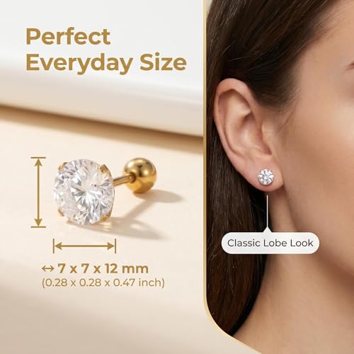 18K Gold Plated 7mm Round Cubic Zirconia Stud Earrings for Women, 4-Prong CZ Earrings, Hypoallergenic Copper, Gift for Birthday Anniversary (Gold-4Prong) by Hpoewre - Used condition - Image 3