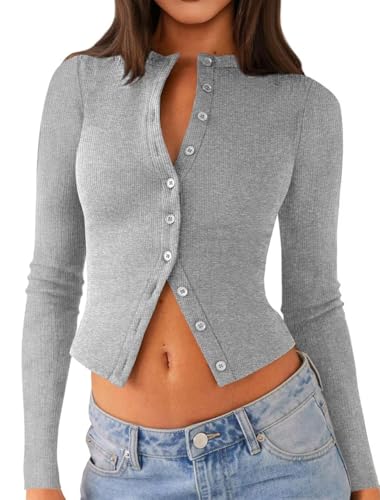 Womens Long Sleeve Tops Fall Lightweight Cardigan Cropped Going Out Shirts Ribbed Button Down Cute Trendy 2025