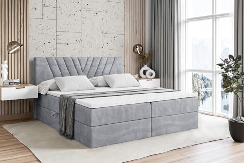 ALTDECOR Boxspringbett mit Matratze und Lattenrost, Boxbett, Topper, Polsterbett mit Bettkasten, Bett mit Stauraum H3-Matratze, Doppelbett, Springboxbett - ERNINA - 200x200 - Grau Monolith 84