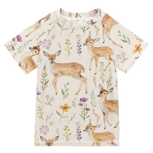ALAZA Kids Rash Guard Boys Toddler Swim Shirts Short Sleeve Deer Flowers UPF 50+ 3T