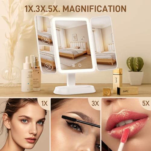 Makeup Mirror with Lights, 1X/3X/5X Magnification Vanity Mirror, 3 Colors Dimmable Soft Light 360° Rotation Smart Touch | Rechargeable Portable Trifold Mirror for Travel/Dorm/Room, Gift for Women - Image 4
