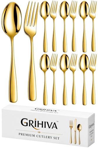 Image of 12-Pcs. Gold Cutlery Set - Luxury Stainless Steel Flatware Service for 6 with 6 Dinner Spoons & 6 Dinner Forks - Titanium PVD Coated Mirror Finish - Dishwasher Safe Golden Silverware