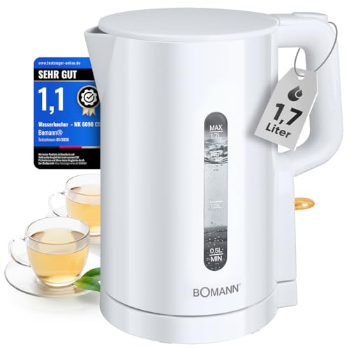 Bomann Wasserkocher 1 7L | 2200W für schnelles Erhitzen | BPA frei | Einhandbedienung | Wasserstandsanzeige | Kettle | Überhitzungsschutz | WK 6090 CB weiß