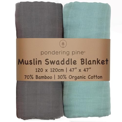Image of Organic Baby Muslin Swaddle Blankets - Solid Grey and Blue Swaddle Blanket 2 Pack - Soft Organic Cotton and Natural Bamboo Muslin, XLarge and Breathable, 47" X 47"
