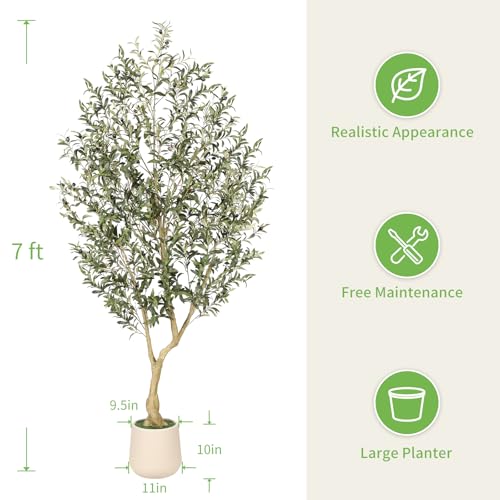 Realead 7ft Artificial Olive Tree with Tall Exquisite Planter - Realistic Fake Olive Tree with Thick Trunk and Lifelike Fruits - Large Faux Olive Tree for Home Office Decor