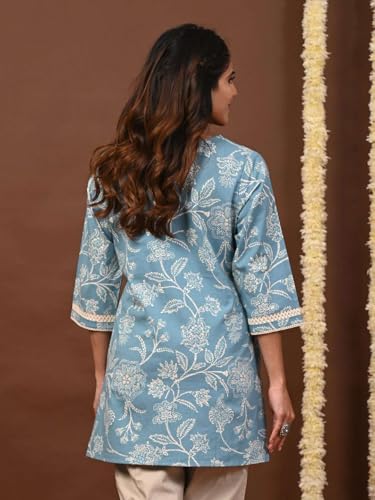 Image of Rimeline Women's Floral Printed Cotton Kurti Top | Round Notch Neck 3 /4 Sleeve Straight Fit Casual Tunic